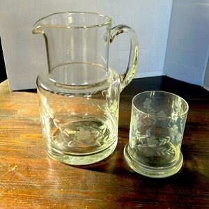 Etched Glass Pitcher with glass cup lid
